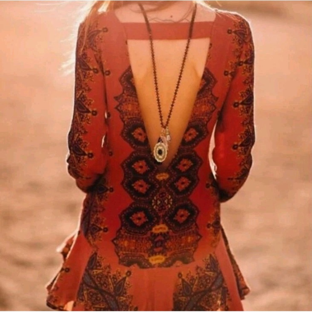 Free People Smooth Talker Boho Open Back Ruffle Mini Dress Tunic Size XS $108